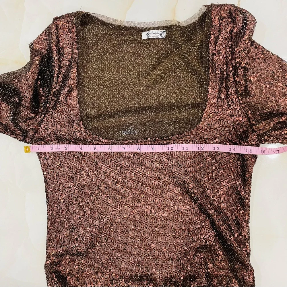 Free People Intimately Free Sheer Brown Sequins Long Bell Sleeve Top Womens XS